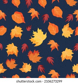 Patrón transparente y colorido con hojas de otoño. Fondo azul y texturas. Abstracción. Ilustración de vectores de stock. Plantas.