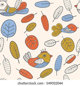 Bright colorful Seamless pattern with birds and feathers. Children's pattern. Hand drawn pattern scandinavian