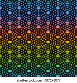 Bright colorful seamless pattern. Black circles Rainbow lilac pink green purple blue print, Geo hipster backdrop modern trendy Geometric abstract background for site, blog, fabric. Vector illustration