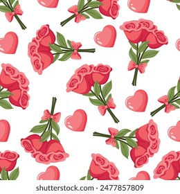 Bright colorful seamless pattern with bouquets of red roses and cute hearts. Vector background for wrapping paper, bed linen and fabrics.