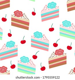 bright colorful seamless pattern with cake pieces. the figure is drawn in a cartoon style. Decor for textiles and wrapping paper.