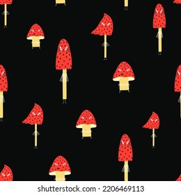 Bright colorful seamless pattern with cartoon fly agaric mushrooms. Happy Halloween wrapping paper or background.