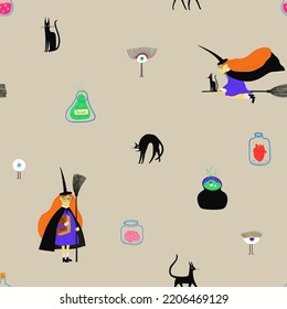 Bright colorful seamless pattern with cartoon witch. Happy Halloween wrapping paper or background.