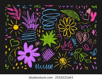 Bright colorful seamless pattern with children's flowers and squiggles. Trendy charcoal pencil elements for kids. Vector objects cloud, sun, flower, leaves, plants, strokes, scribbles, heart on Black.