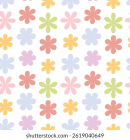 A bright and colorful seamless pattern consisting of a variety of stylized flowers on a white background, the flowers have a simple shape with rounded petals and are available 