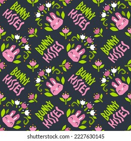Bright colorful seamless pattern with cute childish bunny rabbit and hand drawn lettering phrase Bunny kisses. Vector Easter themed fabric pattern design in bright spring colors on dark background