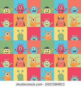 Bright colorful seamless pattern with cute monsters. Pattern for children's clothes, covers for notebooks, children's wallpapers. Vector illustration