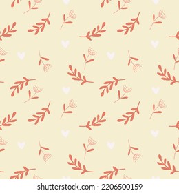 Bright and colorful seamless pattern. Decorative flowers, branches of bushes, hearts are depicted on a light background. Can be used for textiles, social media stories, packaging and printed products.