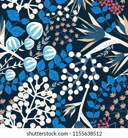 Bright colorful seamless pattern with exotic blue and white flowers, berries, leaves, tree branches on a dark background. Hand vector illustration. Perfect for magazine covers, books, unusual fabrics.