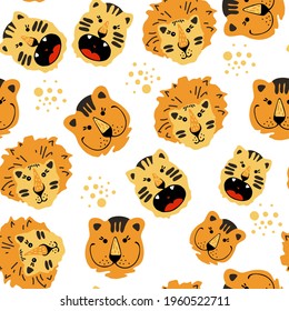 Bright colorful seamless pattern with exotic animals.Cute tigers. Nature jungle pattern. Childish style.Symbol of 2022