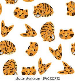 Bright colorful seamless pattern with exotic animals.Cute tigers. Nature jungle pattern. Childish style.Symbol of 2022