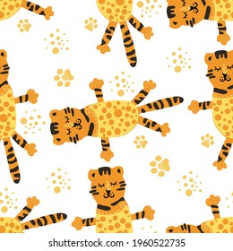 Bright colorful seamless pattern with exotic animals.Cute tigers. Nature jungle pattern. Childish style.Symbol of 2022