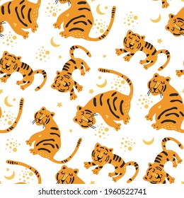 Bright colorful seamless pattern with exotic animals.Cute tigers. Nature jungle pattern. Childish style.Symbol of 2022