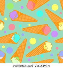 Patrón inmaculado y colorido que presenta conos de gofre crujientes con bolas de helado coloridas