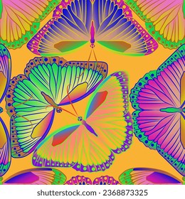 Bright colorful seamless pattern featuring multicolored rainbow butterflies