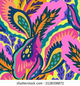 Bright colorful seamless pattern with floral and plants element in psychedelic vibrant funky style.