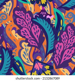 Bright colorful seamless pattern with floral and plants element in psychedelic vibrant funky style.