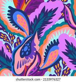 Bright colorful seamless pattern with floral and plants element in psychedelic vibrant funky style.