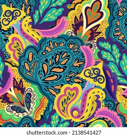 Bright colorful seamless pattern with floral and plants element in psychedelic vibrant funky style.