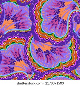 Helles, farbenfrohes, nahtloses Muster mit floralem und pflanzlichem Element im psychedelischen, lebendigen Funky-Stil.