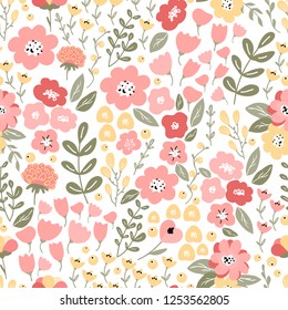 Bright and colorful seamless pattern with flowers and branches. Seamless floral background for wallpaper, fabric, wrapping paper, stationery and textile design amd decoration