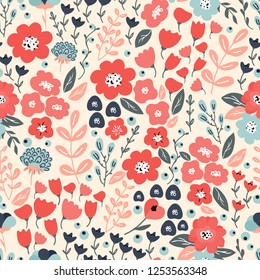 Bright and colorful seamless pattern with flowers and branches. Seamless floral background for wallpaper, fabric, wrapping paper, stationery and textile design amd decoration