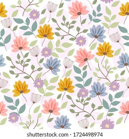 Bright and colorful seamless pattern with flowers and branches. Seamless floral background for wallpaper, fabric, wrapping paper, stationery and textile design amd decoration