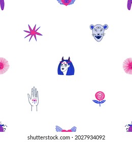 Bright colorful seamless pattern with funky zodiac symbols. Mystic fabric design, wallpaper or background. 