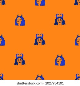 Bright colorful seamless pattern with funky zodiac girl faces. Mystic fabric design, wallpaper or background. 