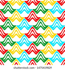 Bright colorful seamless pattern with geometric elements on a white background.