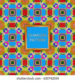 Bright colorful seamless pattern with golden inserts. Ornamental, mosaic vector background. Suitable for textile, tile, slab, fashion, stained-glass window, vitrage 