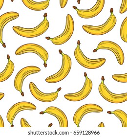 Bright colorful seamless pattern with hand drawn bananas, template for your design. Fresh fruits collection. Decorative doodle vector illustration