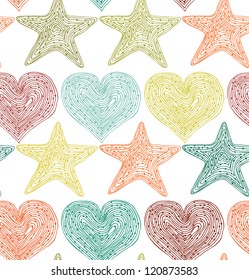 Bright colorful seamless pattern with hearts and stars. Hand drawn linear texture. Design template for wallpapers, textile, clothes, web pages background