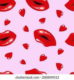 Bright colorful seamless pattern with hearts and lips. Cute festive background for packaging, textiles, wallpaper, wrapping paper. Romantic repeating vector by Valentines Day, kissing day, birthday.