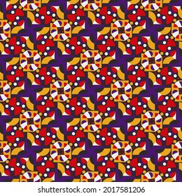 bright colorful seamless pattern with Indian motives. overlapping black, orange, red, magenta shapes, polygons are lined up in a specific order on a white background. vector