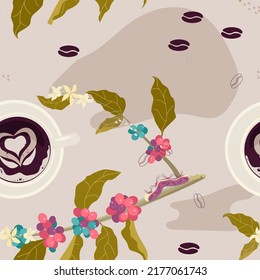 Bright colorful Seamless pattern with Mug of organic coffee among the blooming branch. Suitable for shop, drinks menu, baking, candy and sweets, health care products. Flat Art Vector illustration