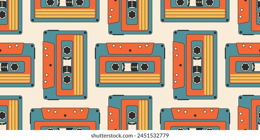 Bright colorful seamless pattern with old cassette tape in retro, groovy, vintage style. Music of the 60s, 70s, 80s, 90s. Flat Vector Illustration eps10