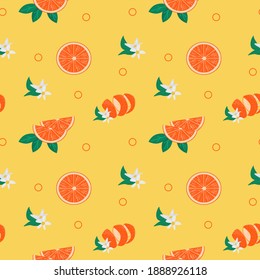 Helles, farbloses Muster mit orangefarbenen Früchten, Hautschalen, Blättern und blühenden Blumen. saftige tropische Sommerfrüchte. Zitrusbaum in Vektordesign mit Orangen, Zitronen und Blumen. 