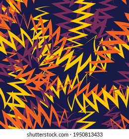 un patrón transparente y colorido brillante. rayas rotas naranjas, borgoñas y amarillas dispuestas al azar sobre un fondo azul oscuro. vector 