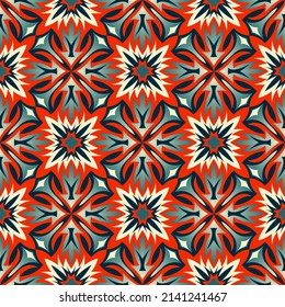 Bright colorful seamless pattern. Overlapping art forms, stripes, polygons, segments are grouped and arranged in a certain order. Vector.