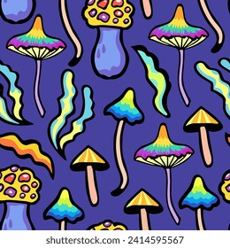 Bright colorful seamless pattern with psychedelic vivid fantasy mushrooms. Vector illustration.