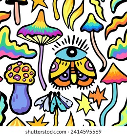 Bright colorful seamless pattern with psychedelic vivid fantasy mushrooms. Vector illustration.