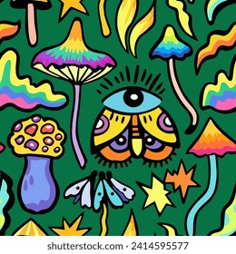 Bright colorful seamless pattern with psychedelic vivid fantasy mushrooms. Vector illustration.