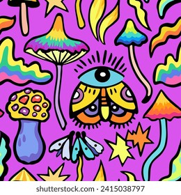 Bright colorful seamless pattern with psychedelic vivid fantasy mushrooms. Vector illustration.