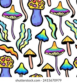 Luminoso y colorido patrón sin costuras con hongos psicodélicos vívidos de fantasía. Ilustración vectorial.