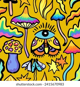 Bright colorful seamless pattern with psychedelic vivid fantasy mushrooms. Vector illustration.