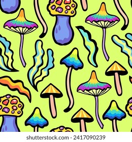 Bright colorful seamless pattern with psychedelic vivid fantasy mushrooms. Vector illustration.