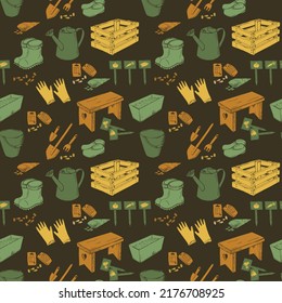 Patrón inmaculado y colorido con herramientas de jardinería de silueta, lata de riego, botas, palas, semillas. Textura sin fin con elementos amarillo marrón verde sobre fondo verde oscuro. Ilustración vectorial.