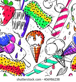 Bright colorful seamless pattern of sketch ice cream. Funny cartoon ice cream background.