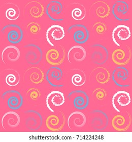 Bright and colorful seamless pattern with spirals. Yellow, white and blue spirals on pink background. Fashion texture. Vector illustration.